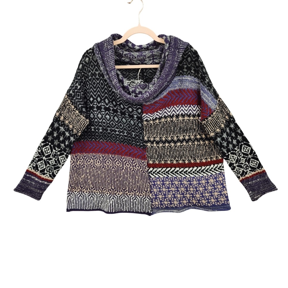 Free People Womens Folk Boho Eclectic Patch Wool Mohair Knit Sweater M Cowl Neck